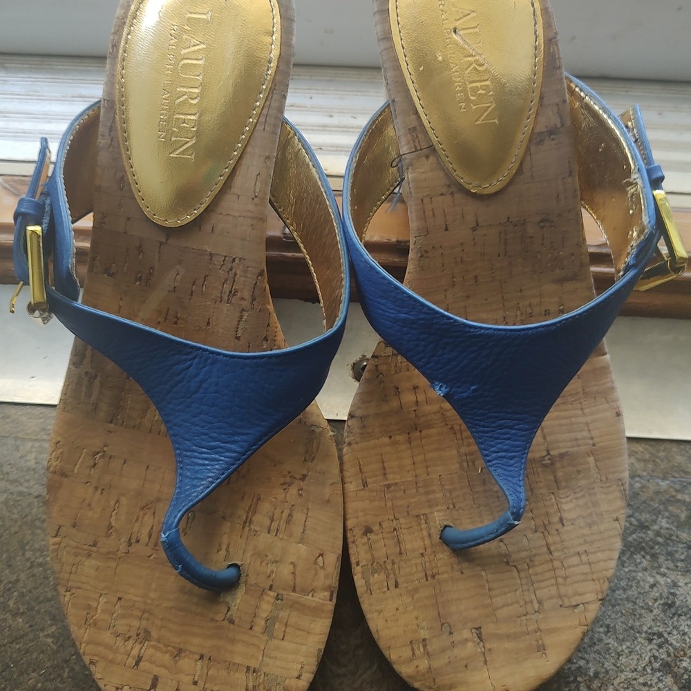 Lauren Ralph Lauren Blue Leather Cork Wedge Sandals Gold Buckle‎ Thong Slides